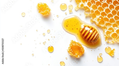 Honeycomb pieces and honey droplets on a white background.