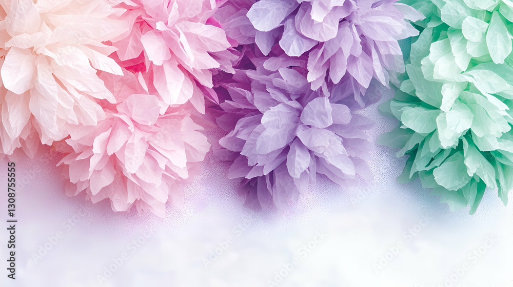 Delicate Pastel Paper Flowers Arranged in Soft Pink, Lavender, and Mint Colors on Light Background Delicate Pastel Paper Flowers Arranged in Soft Pink, Lavender, and Mint Colors on Light Background
