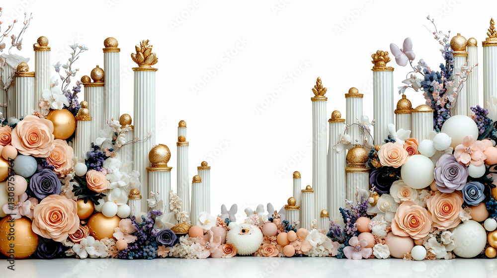 Obraz premium Elegant Floral Arrangement with Classical Columns and Decorative Elements for Festive Celebrations