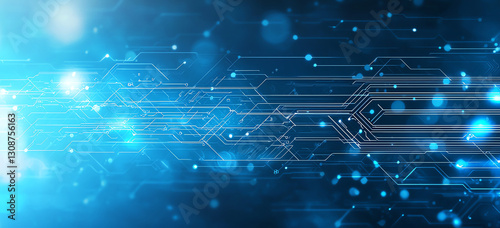 vibrant blue background featuring intricate white circuit board lines, creating futuristic and technological feel. design evokes sense of innovation and connectivity