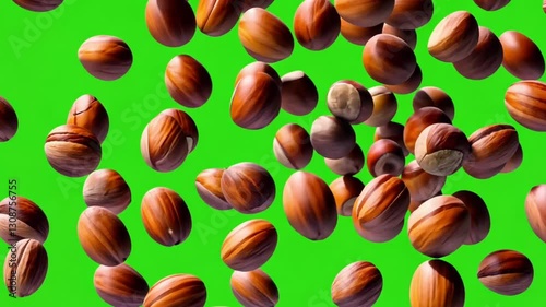 Hazelnuts flying on green screen 