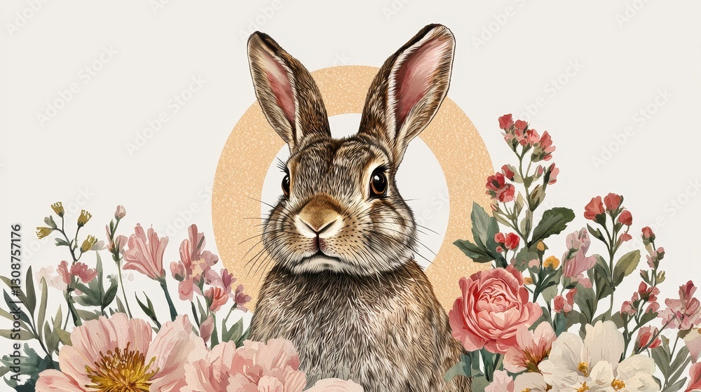 Fototapeta premium A charming illustration of a rabbit surrounded by colorful flowers, embodying a whimsical, nature-inspired aesthetic.