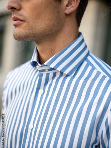Wallpaper Mural A close-up of a man wearing a blue and white striped shirt with a raised collar. His face is partially visible, showing a relaxed expression, exuding elegance and simplicity Torontodigital.ca