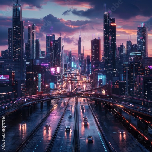Futuristic cityscape at twilight, illuminated skyscrapers, highway traffic.