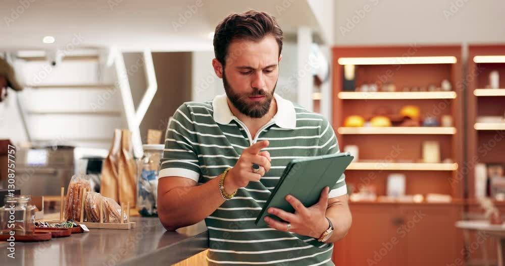 Business, man and counting on tablet in cafe for inventory management, sales tracking and stock checklist. Hospitality industry, owner and digital app in coffee shop for online system and planning