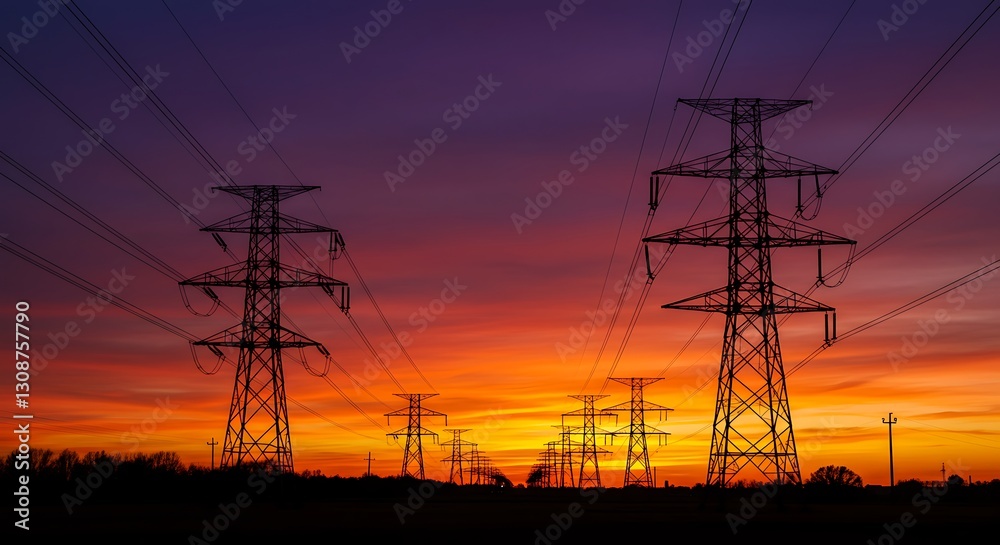 Fototapeta premium Electricity Transmission Towers at Sunset: Vibrant Landscape Photography AI Generated