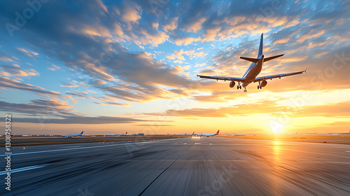 plane landing at airport during vibrant sunset, with colorful clouds and busy runway in background, creating dynamic travel atmosphere