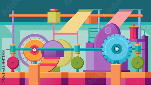The steamdriven turbines in the textile mill spun tirelessly powering the machines responsible for weaving and dying colorful fabrics.. Vector illustration