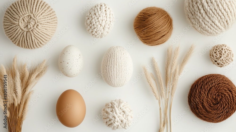 A collection of textured decorative objects including yarn balls, eggs, and dried grasses arranged aesthetically on a neutral background. A collection of textured decorative objects including yarn balls, eggs, and dried grasses arranged aesthetically on a neutral background.