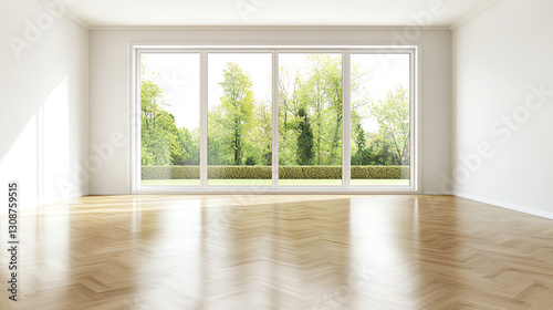 bright, empty room with parquet flooring and large windows showcasing lush green landscape outside. natural light creates warm and inviting atmosphere