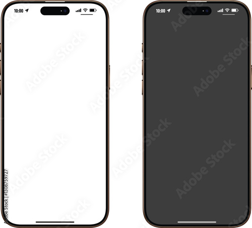 Two modern smartphones with dynamic island notches, displayed side by side. One screen is blank white, while the other is dark, representing light and dark mode. Ideal for UI/UX design and mockups.Iph