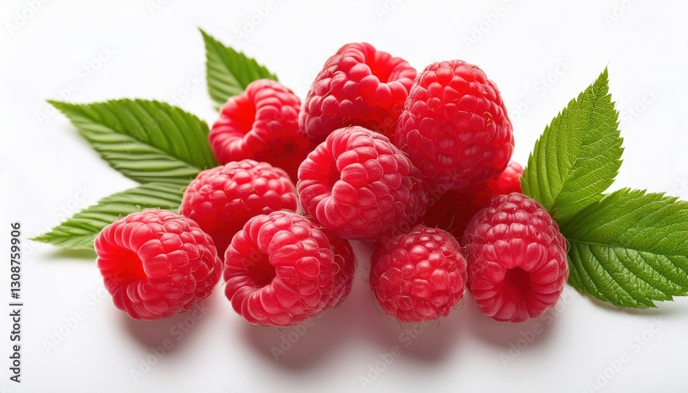 Fresh red raspberries with vivid color and a crisp green leaf, isolated on a clean white background. Ideal for food packaging, health ads, and organic product designs.
