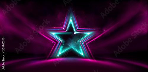 Neon star glowing on dark stage. Vector realistic illustration of award ceremony background, bright success symbol, shimmering particles shining in purple light, concert studio, disco party design