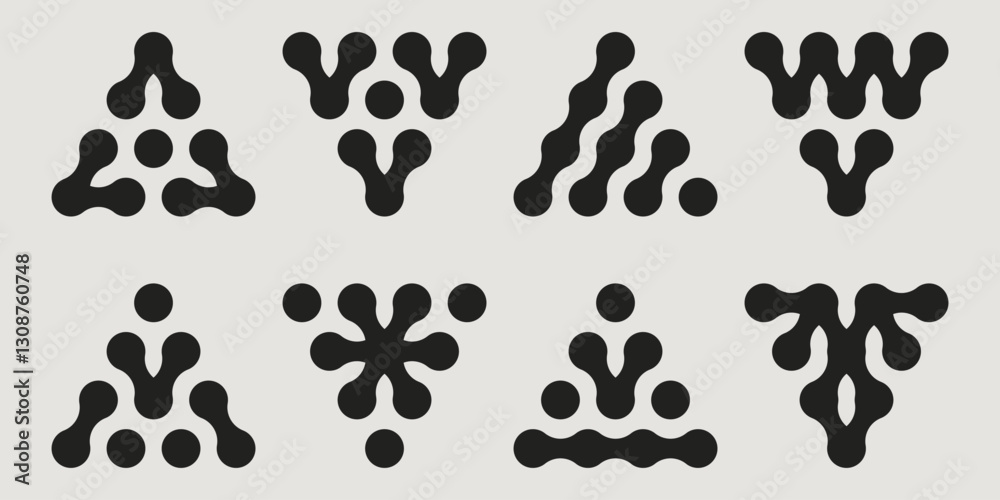 Metaball shapes set isolated on white background. Vector illustration of abstract black dots connected in triangles, organic molecule symbols, linked cells, data network, data grid structure signs