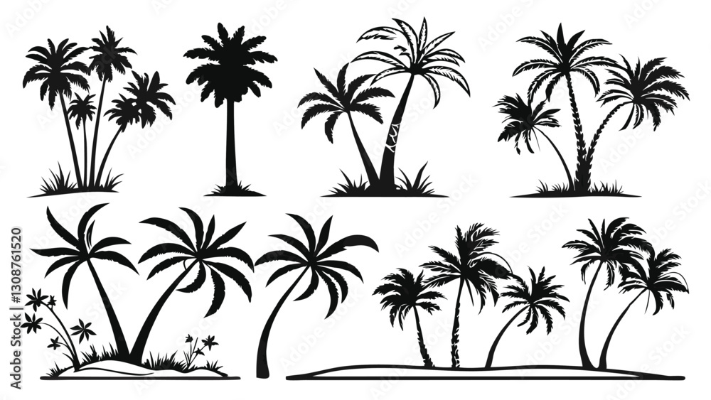 custom made wallpaper toronto digitalCollection of palm tree silhouettes, tropical plant set, black vector illustrations of palm trees in various shapes and sizes, island nature design elements for vacation, summer, and beach themes