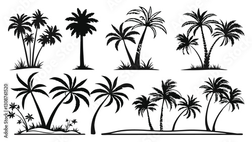 Wallpaper Mural Collection of palm tree silhouettes, tropical plant set, black vector illustrations of palm trees in various shapes and sizes, island nature design elements for vacation, summer, and beach themes
 Torontodigital.ca