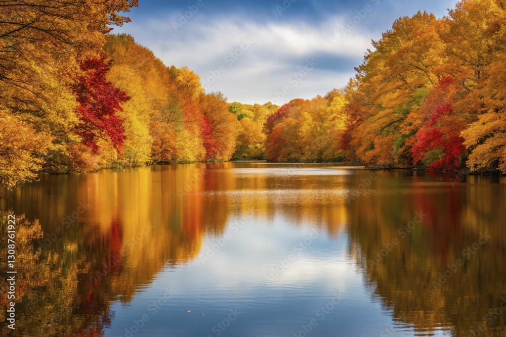 Serene autumn landscape with vibrant foliage reflecting in tranquil lake under partly cloudy sky Serene autumn landscape with vibrant foliage reflecting in tranquil lake under partly cloudy sky