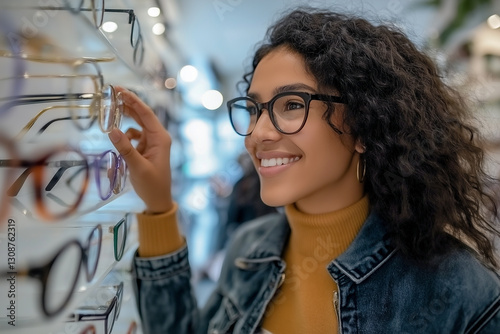 A smiling Beautiful woman in an ophthalmology clinic tries on glasses, shelves filled with various dots.