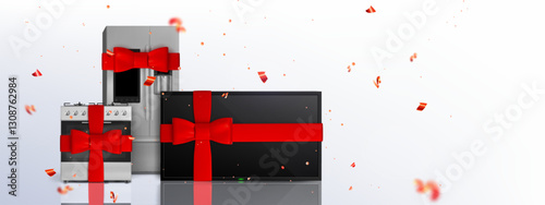 Household appliance gift wrapped in red ribbon. Vector realistic illustration of gas stove with electric oven, refrigerator and television set, confetti and streamer ribbons in air, holiday discount