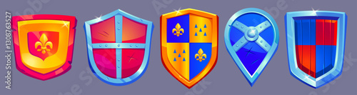 Medieval cartoon shields in red, blue and yellow colors with metallic edges. Various protective shapes with patterns and emblems. Fantasy game assets for knight character, rpg ui or historical battle