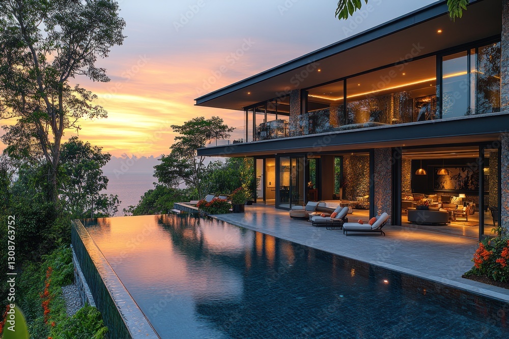Fototapeta premium Luxury villa with infinity pool overlooking tropical ocean sunset