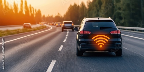 A car driving on a highway with a Wi-Fi symbol, symbolizing connectivity and modern technology, set against a sunset backdrop.