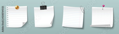 Paper notes with different fasteners. Lined sheet with metal clasp, blank page attached by binder clip, ruled memo held with paperclip, and graph grid fixed with pushpin for office organization.