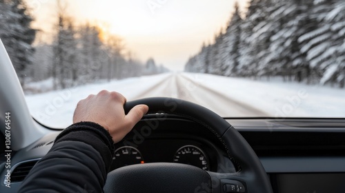 A serene winter drive with snow-covered trees lining an empty road, showcasing a hand on the steering wheel against a tranquil backdrop.