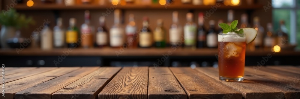 Rustic wooden table, blurred bar drinks backdrop, liquor, alcohol Rustic wooden table, blurred bar drinks backdrop, liquor, alcohol