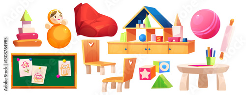 Kindergarten items with toys and wooden furniture - building blocks and ball, bean bag and doll, notice board with pinned children drawings, chairs and table with art supplies for preschool design.