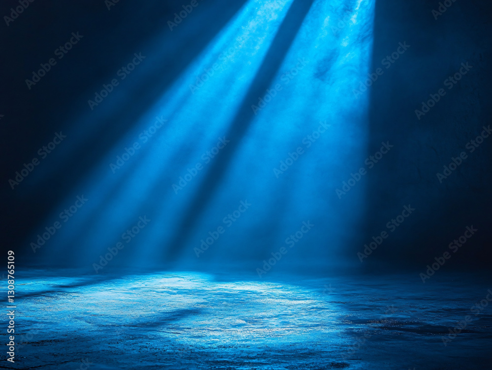 Obraz premium Mystical Beams: Dramatic blue light beams cut through a hazy atmosphere, illuminating an empty stage or surface, casting shadows. The scene evokes a sense of mystery, anticipation.