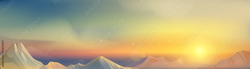 Fototapeta premium Sunrise illuminating snow capped mountain peaks in early morning atmosphere. Gradient sky frames grand range silhouette. Minimalist digital landscape depicting dawn across tranquil alpine summits.