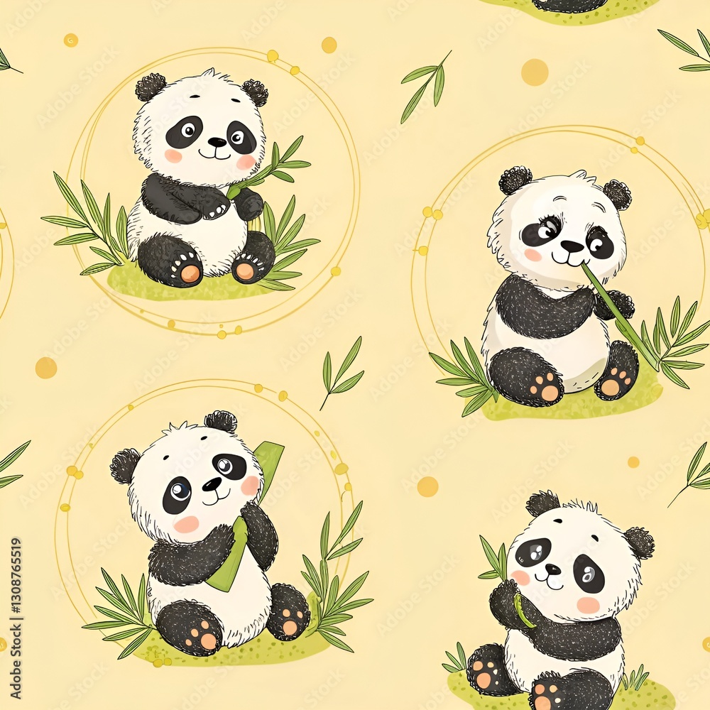 Obraz premium panda, baby panda, cute panda, bear, bamboo, eating, Adorable Baby Panda Seamless Pattern – Cute Cartoon Pandas with Bamboo on Soft Background
