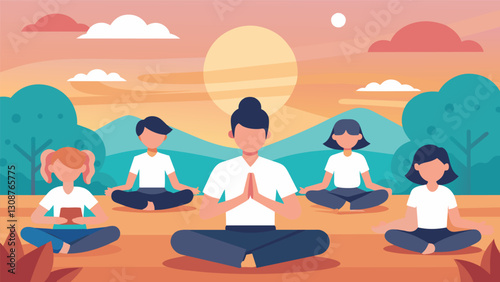 Soft instrumental music plays in the background as students flow through a calming sequence against the backdrop of a breathtaking sunset.. Vector illustration