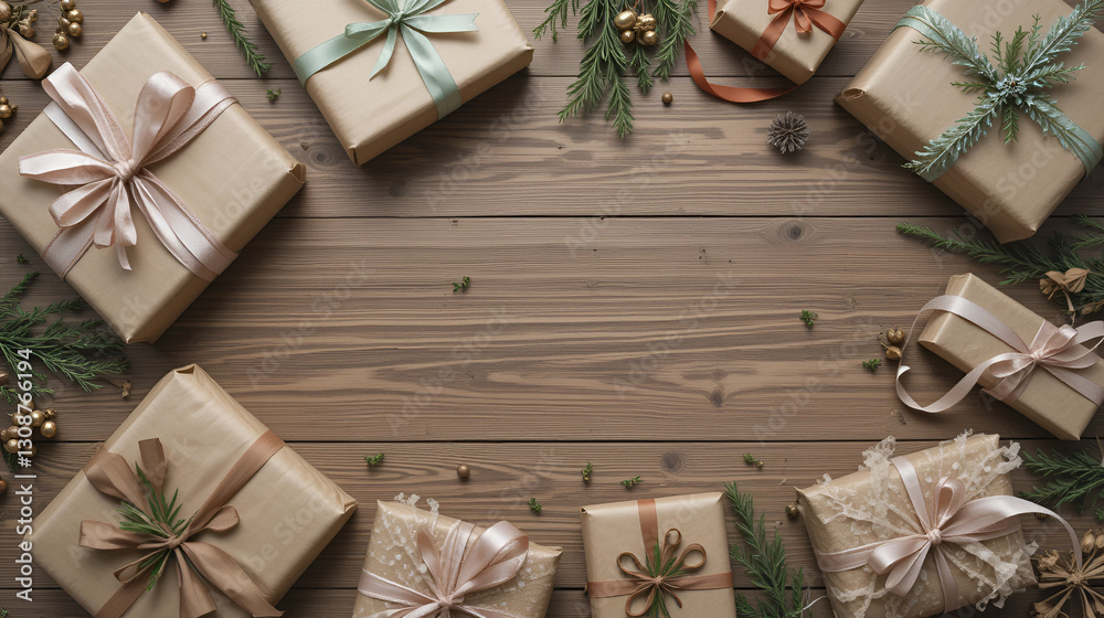A gift-wrapping scene with kraft paper, ribbons, and sprigs of greenery spread out on a wooden table A gift-wrapping scene with kraft paper, ribbons, and sprigs of greenery spread out on a wooden table