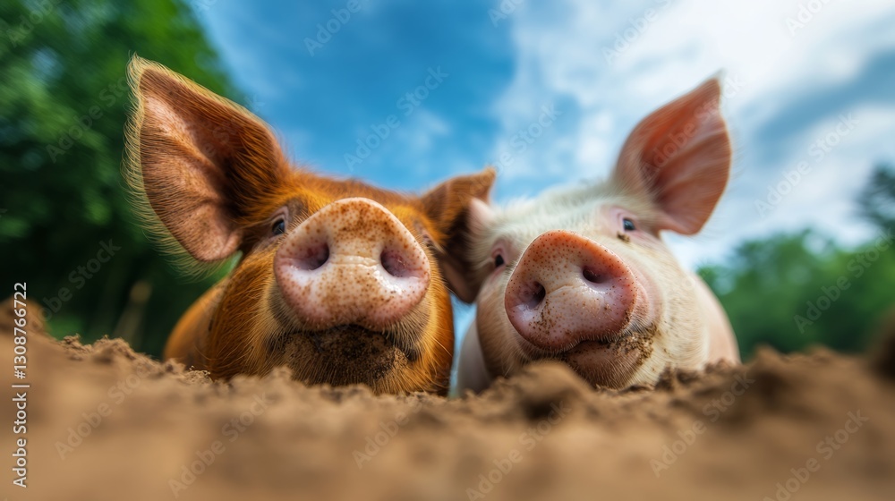 Two pigs are laying in the dirt, one of them is brown and the other is white Two pigs are laying in the dirt, one of them is brown and the other is white