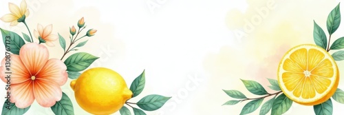 Delicate watercolor lemon & floral arrangement; vintage aesthetic , graphic, shabby chic