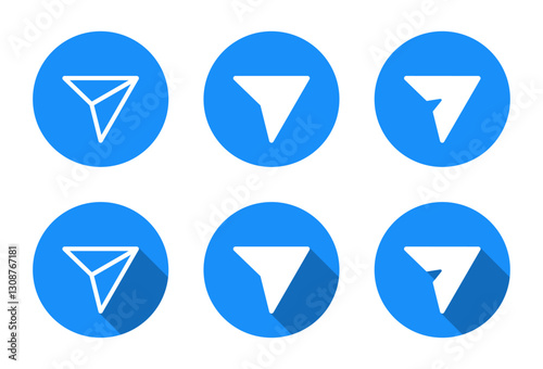 Share, send icon set with long shadow. Social media paper plane repost sign symbol