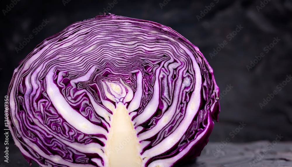 Fototapeta premium Macro photograph of a purple cabbage cross-section, highlighting its mesmerizing natural fractal patterns, vibrant colors, and intricate texture. 