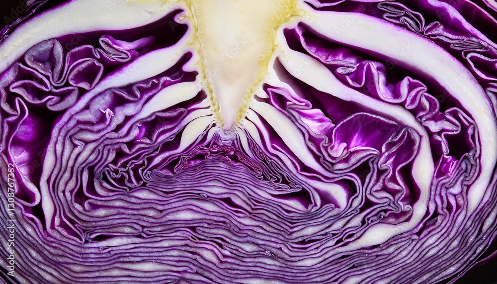 Obraz premium Macro photograph of a purple cabbage cross-section, highlighting its mesmerizing natural fractal patterns, vibrant colors, and intricate texture. 