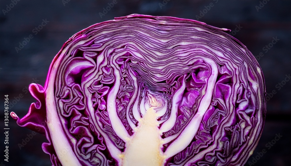 Obraz premium Macro photograph of a purple cabbage cross-section, highlighting its mesmerizing natural fractal patterns, vibrant colors, and intricate texture. 