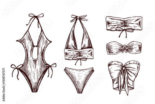 Hand drawn monochrome sketch of stylish summer swimwear collection with bikinis and one-piece
