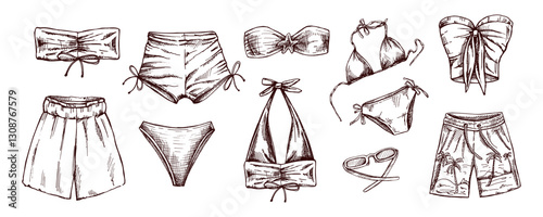 Hand drawn monochrome sketch of summer beachwear set with bikinis and shorts