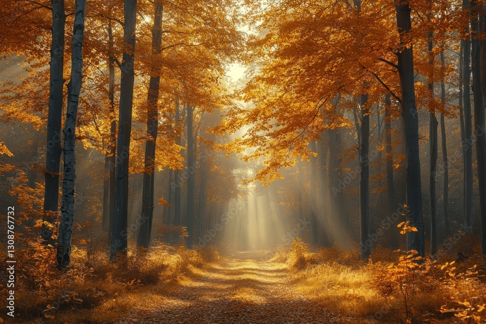 Obraz premium Sunlit Path through Misty Autumn Forest