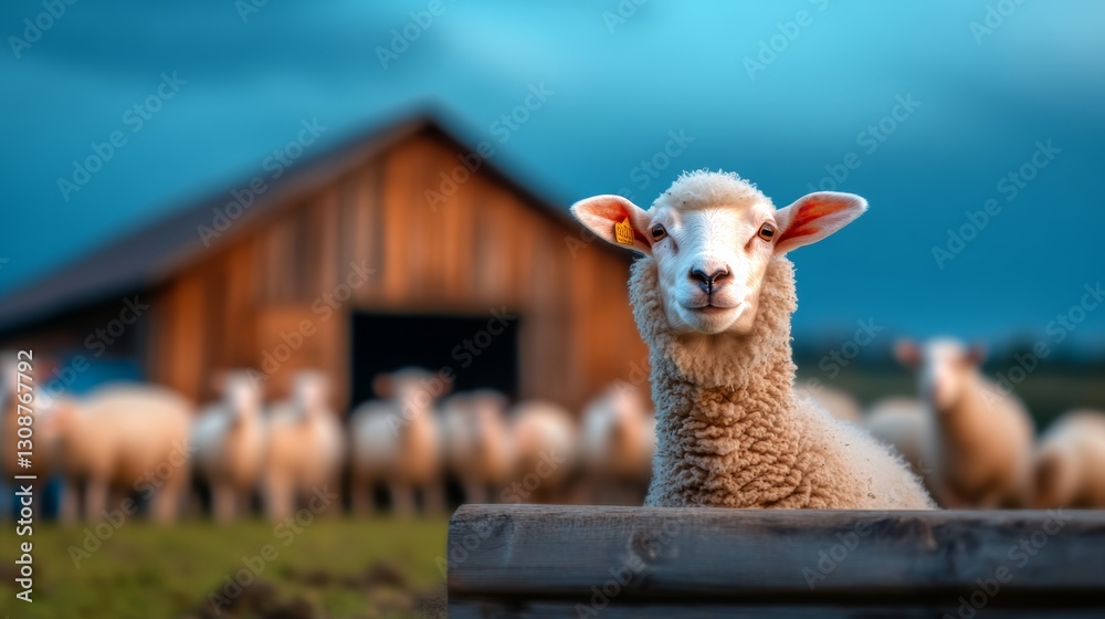 Obraz premium Sheep is standing in front of a barn with other sheep in the background