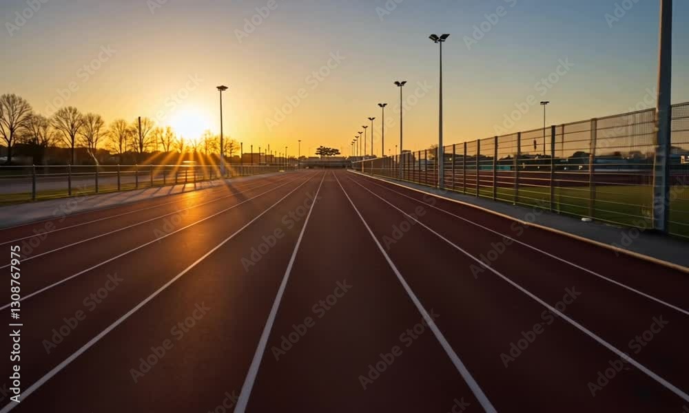 Running track illuminated by a stunning sunset, ideal for fitness promotions, sports blogs, wellness content, and inspirational social media posts. Running track illuminated by a stunning sunset, ideal for fitness promotions, sports blogs, wellness content, and inspirational social media posts.