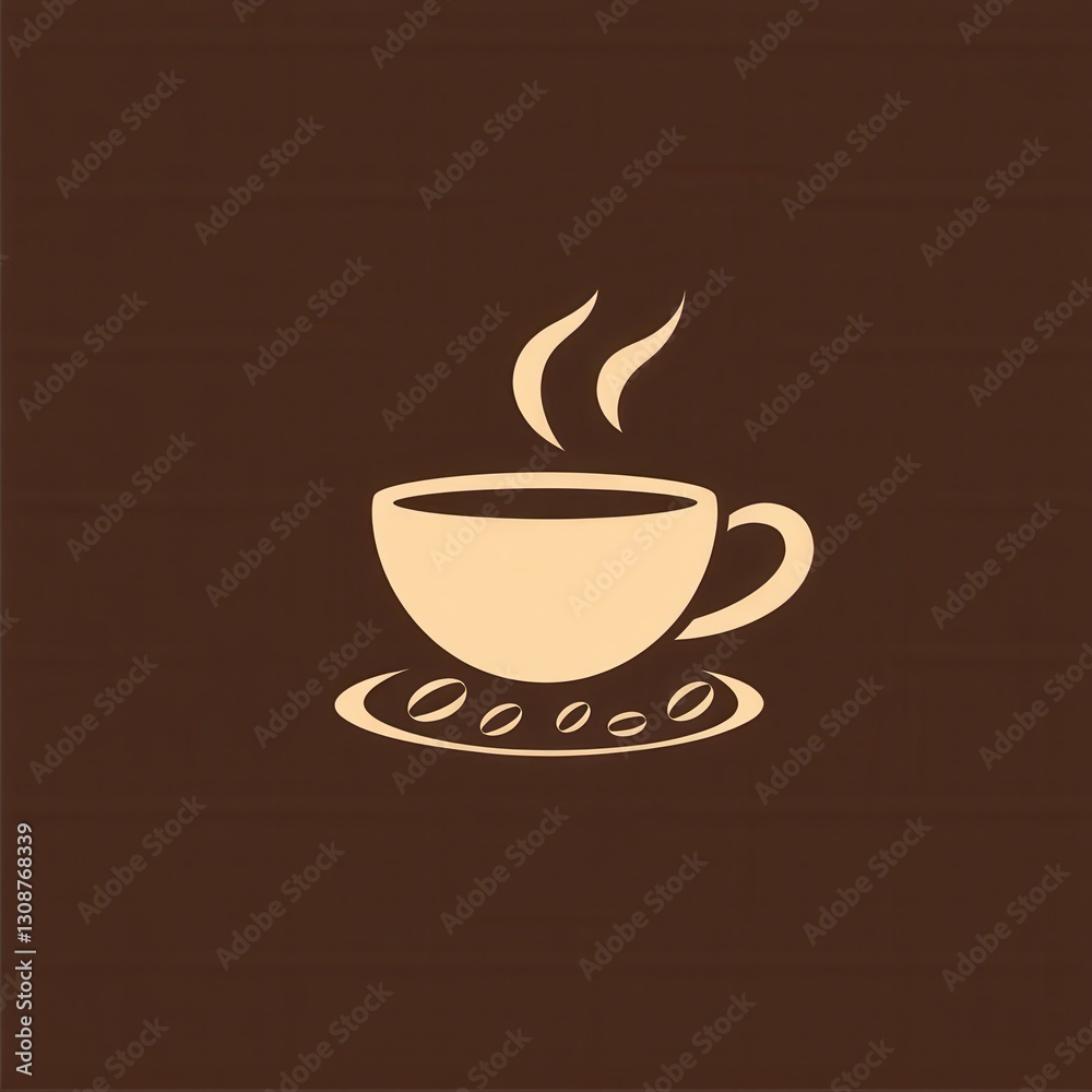 Obraz premium Minimalist coffee cup logo featuring elegant steam lines and scattered coffee beans in warm tones