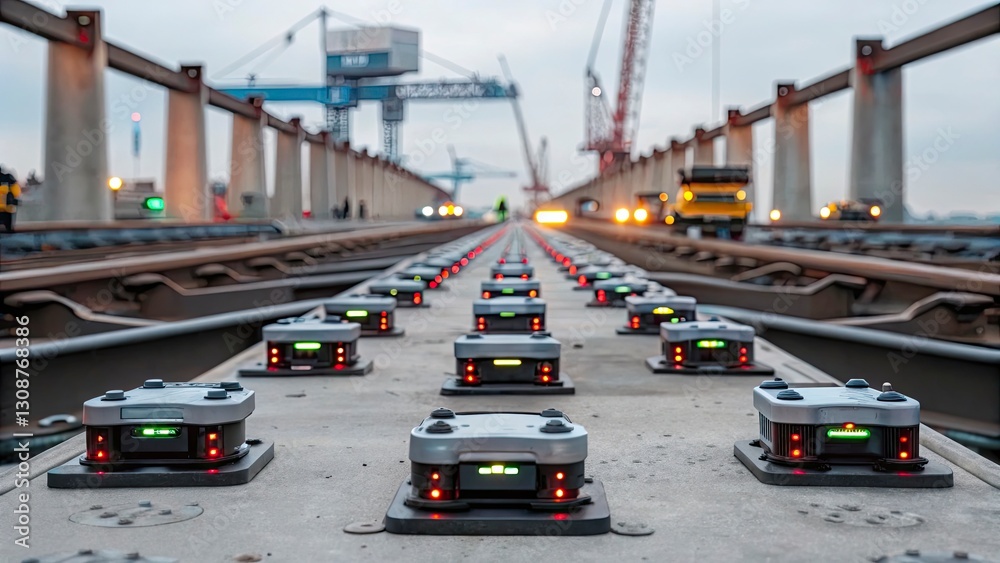 Modern railway track, equipped with advanced automated monitoring devices, stretches through a bustling industrial site. Modern railway track, equipped with advanced automated monitoring devices, stretches through a bustling industrial site.