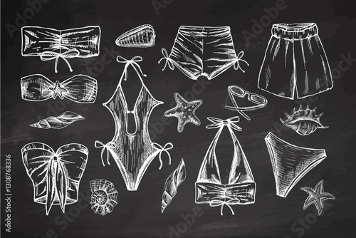 Hand drawn monochrome sketch of summer swimwear collection with stylish details on chalkboard background