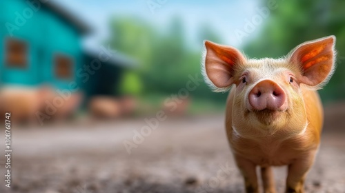 Pig is standing in front of a green building photo